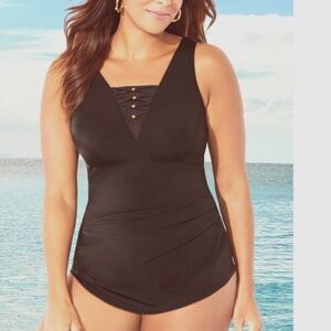 Nwt Bead Lattice Sarong Front Swimsuits For All One Piece Plus Size 16 Black